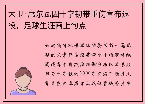 大卫·席尔瓦因十字韧带重伤宣布退役，足球生涯画上句点