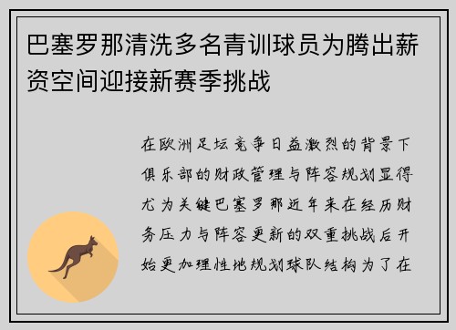 巴塞罗那清洗多名青训球员为腾出薪资空间迎接新赛季挑战