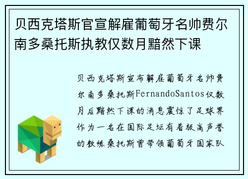 贝西克塔斯官宣解雇葡萄牙名帅费尔南多桑托斯执教仅数月黯然下课