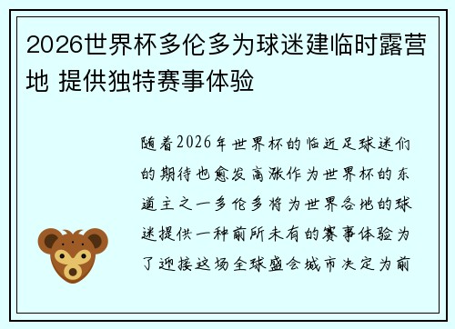 2026世界杯多伦多为球迷建临时露营地 提供独特赛事体验